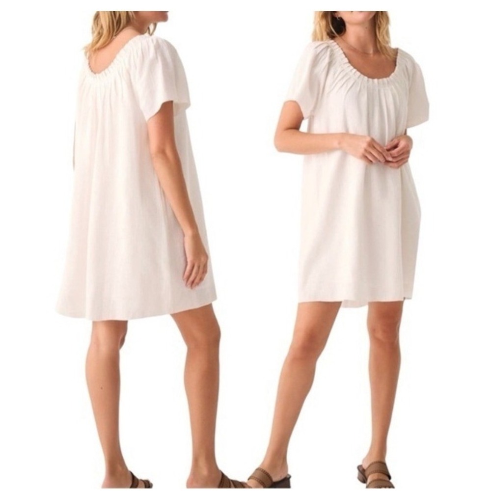 Faherty White Organic Cotton Flax Smocked Shift Dress  Womens XS